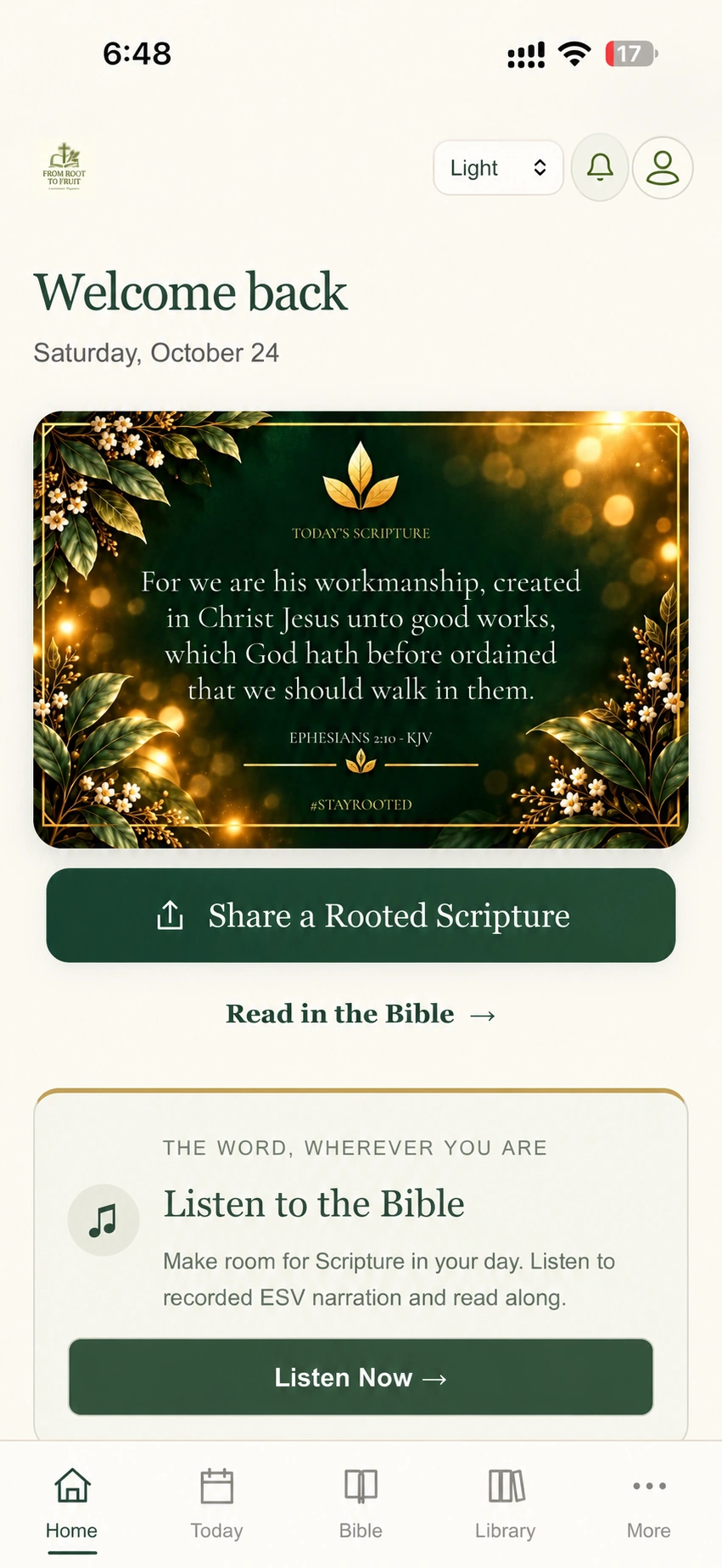 The R.O.O.T. Method app home screen with daily Scripture and Bible audio