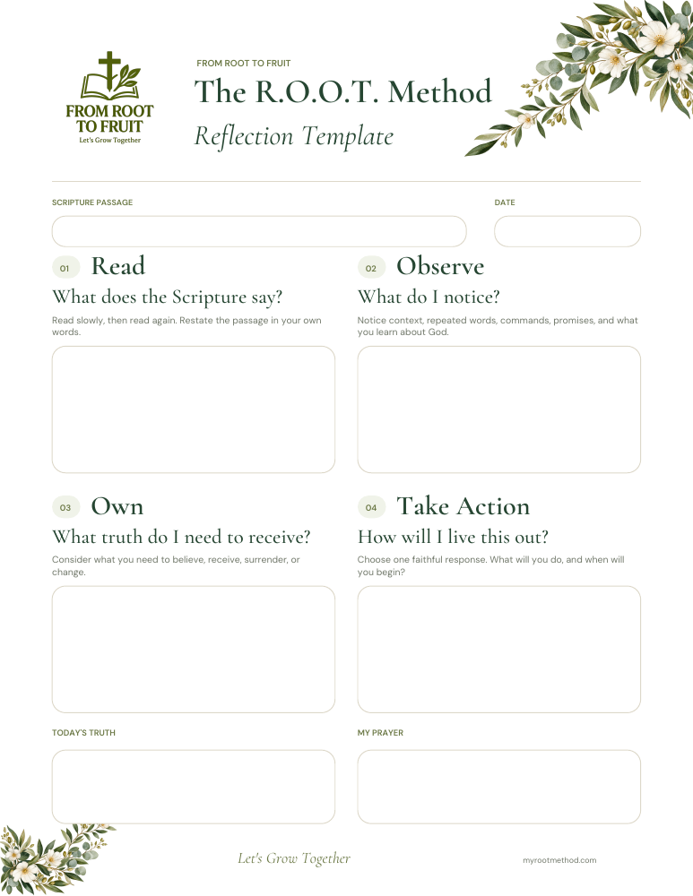 The R.O.O.T. METHOD botanical reflection template with all four steps on one white page